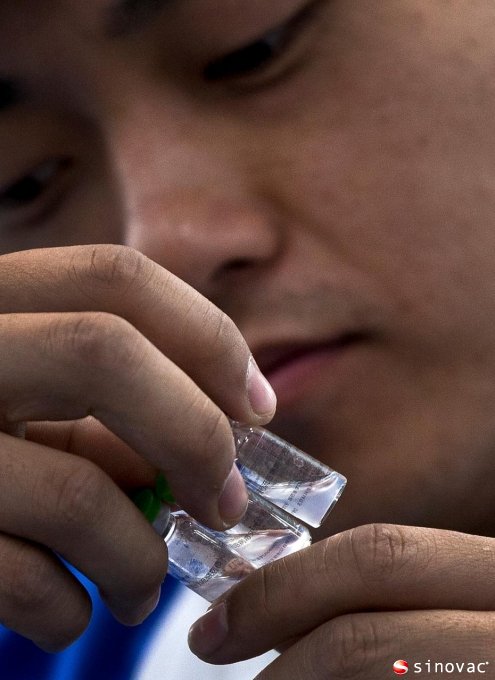 a worker inspects the label on vials containing H5N1 flu vaccine produced by Beijing-based drug maker Sinovac Biotech Ltd. in Beijing. 
